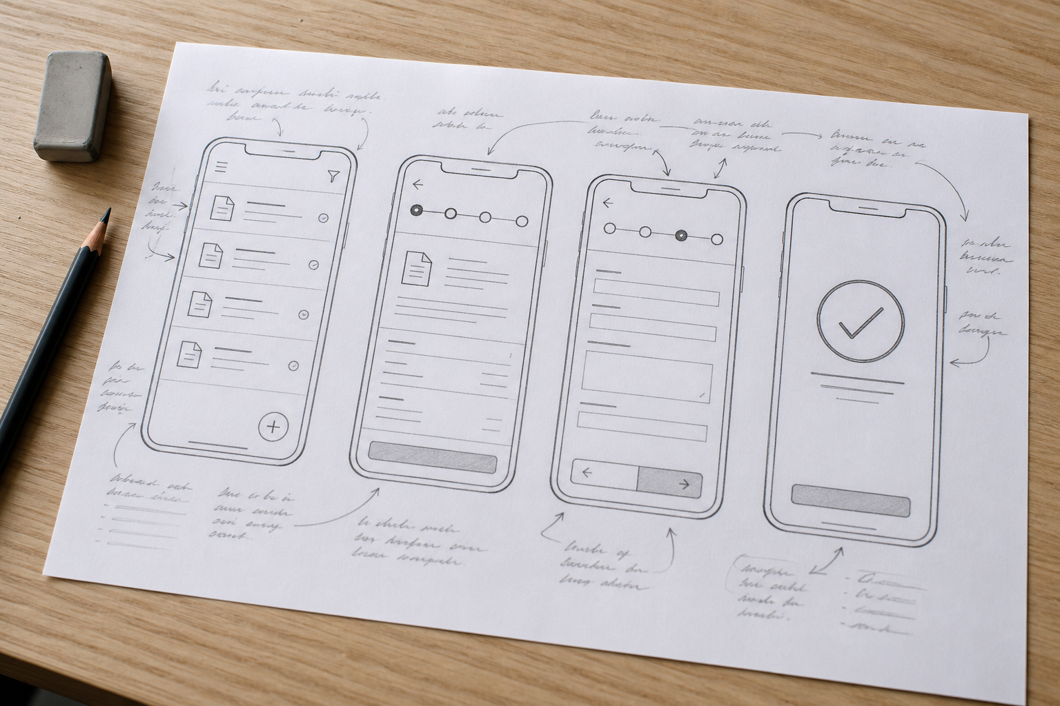 Overhead photo of hand drawn mobile approval wireframes on paper
