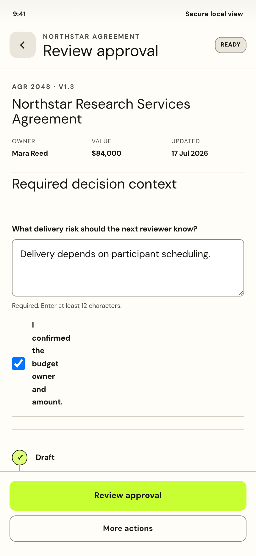 Approval context form completed and ready for review