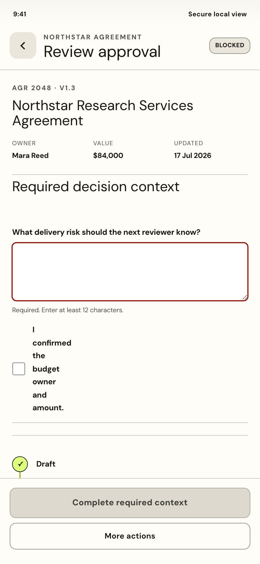 Approval context form with required information still missing