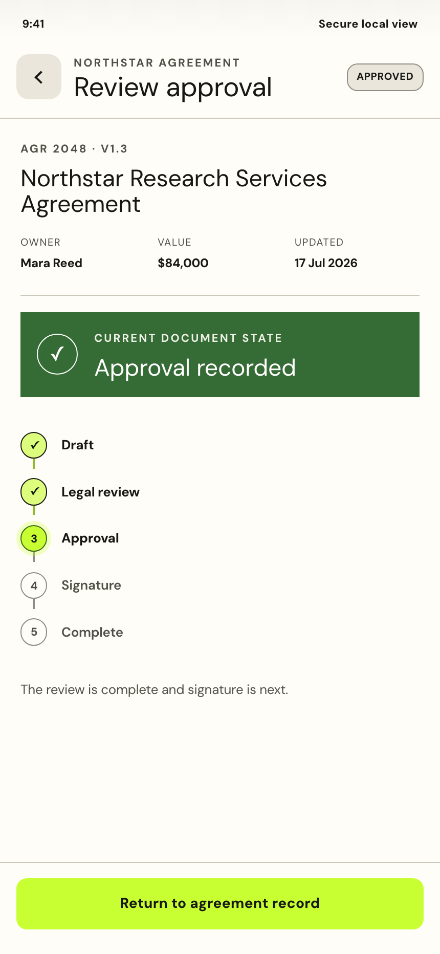 Agreement record with approval reflected in its workflow timeline