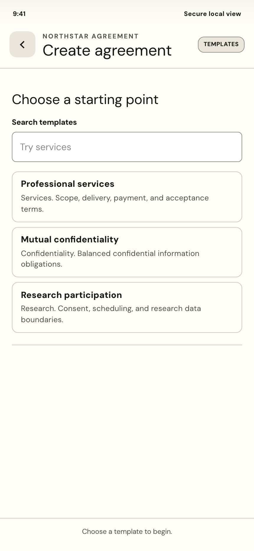 Mobile template browser with searchable agreement choices