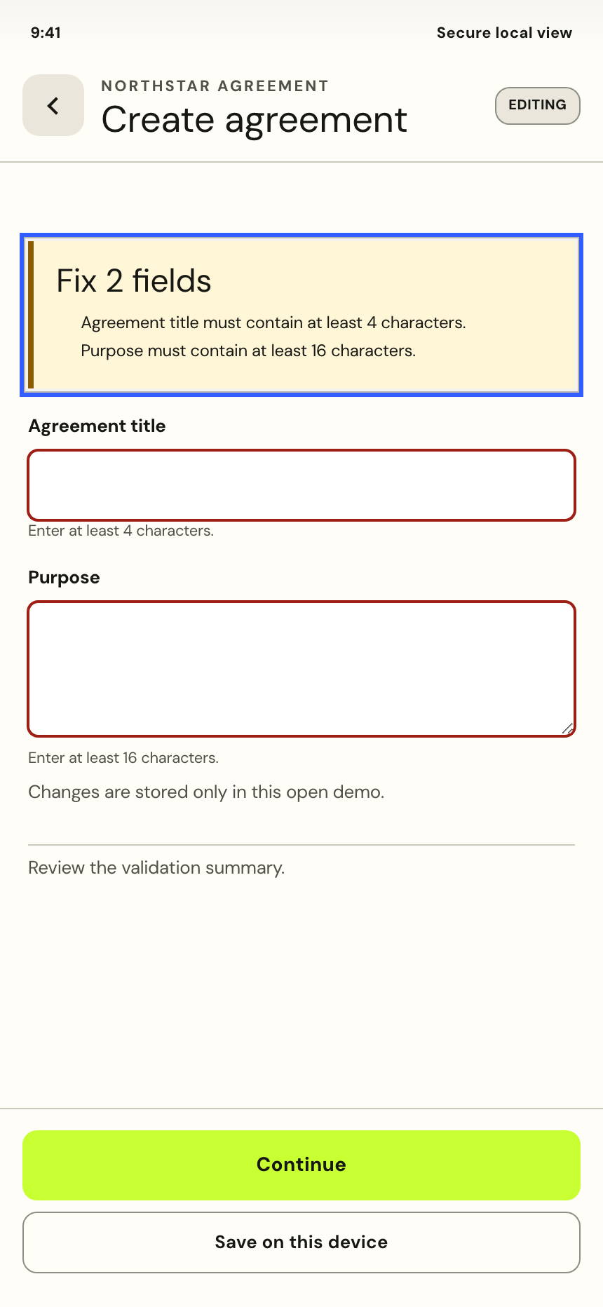 Mobile agreement form with a focused validation summary