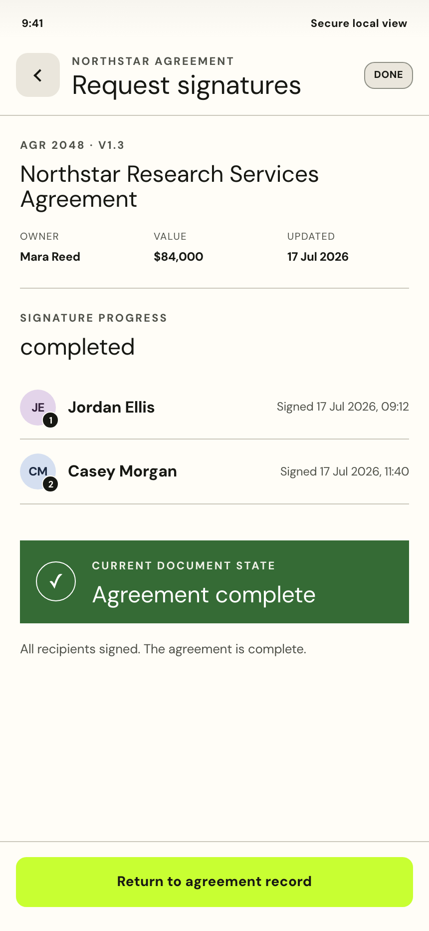 Agreement record with every signature complete
