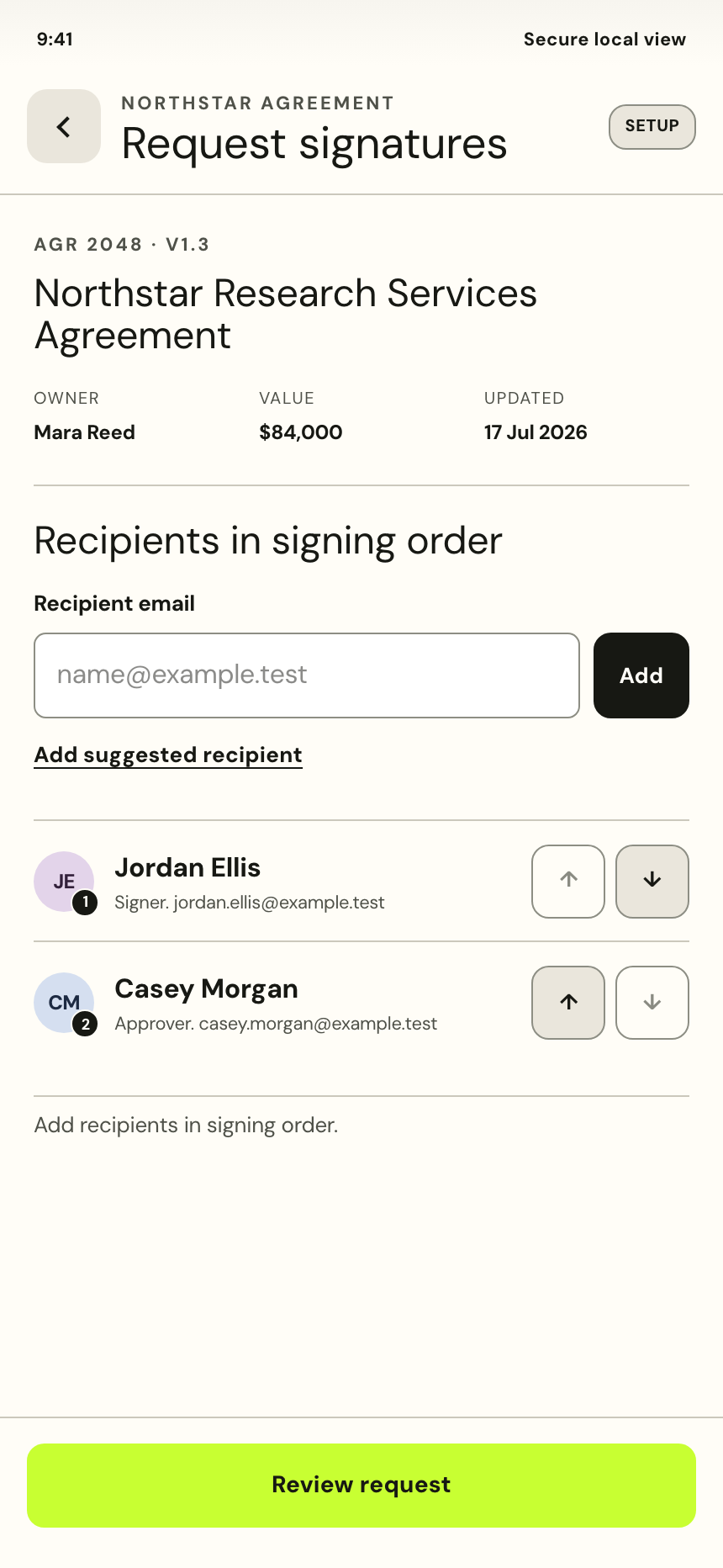 Signature request with recipients in an explicit order