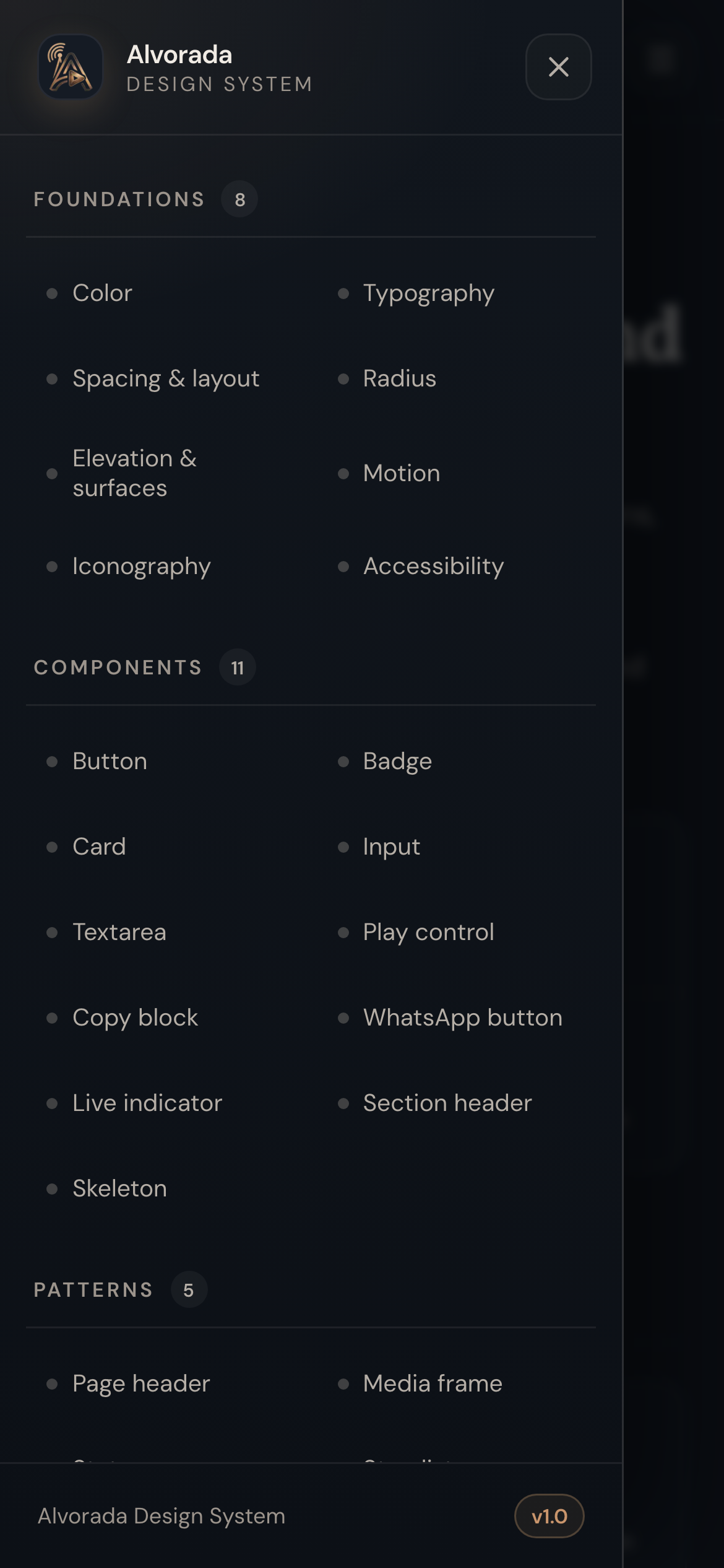 Mobile design system drawer open, showing foundations, components, and patterns in a two-column non-scrolling layout